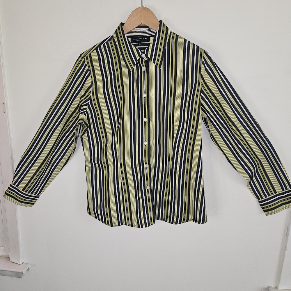 Jones New York Signature Button-Up Shirt Striped Navy Blue Lime Green Large